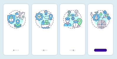 Stages of passage planning onboarding mobile app screen. Shipping. Walkthrough 4 steps editable graphic instructions with linear concepts. UI, UX, GUI vector
