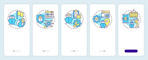 Ship management system solutions onboarding mobile app screen. Walkthrough 5 steps editable graphic instructions with linear concepts. UI, UX, GUI vector