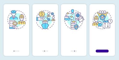 Maritime crew management onboarding mobile app screen. Ship staff. Walkthrough 4 steps editable graphic instructions with linear concepts. UI, UX, GUI vector