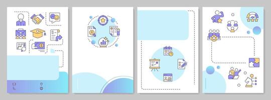 HR analytics blue circle brochure layout. Corporate recruitment data. Hiring strategy. Leaflet advertising design with color line icons. Editable 4 pages vector
