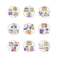 Student information systems multi color concept icons. Grades management. Teaching, coaching. Icon pack. Round shape illustrations for article, infographic. Abstract idea vector