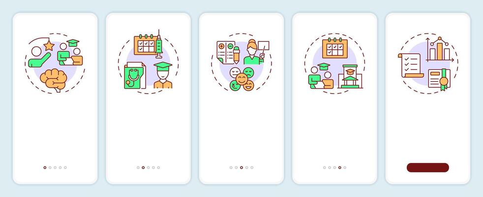 Student information system onboarding mobile app screen. Walkthrough 5 steps editable graphic instructions with linear concepts. UI, UX, GUI