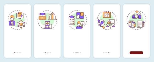 School management features onboarding mobile app screen. Walkthrough 5 steps editable graphic instructions with linear concepts. UI, UX, GUI vector