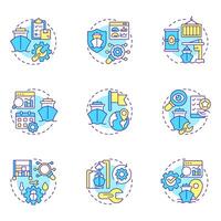 Ship management multi color concept icons. Maritime cargo transportation system. Delivering goods by sea. Icon pack. Round shape illustrations for presentation. Abstract idea vector