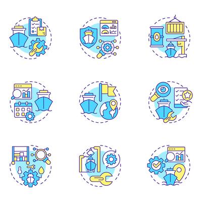 Ship management multi color concept icons. Maritime cargo transportation system. Delivering goods by sea. Icon pack. Round shape illustrations for presentation. Abstract idea