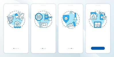 Physical security audit components blue onboarding mobile app screen. Walkthrough 4 steps editable graphic instructions with linear concepts. UI, UX, GUI vector
