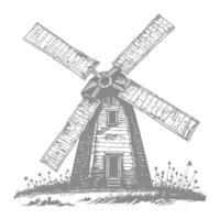 A vintage illustration of a windmill in a rural setting. vector