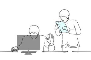male boss and subordinate worker man - one line art . concept man busy at computer put hand in STOP gesture for male employee approaching him with documents vector