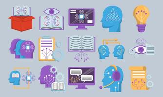 Artificial Intelligence and Machine Learning Icon Set in Flat Design vector