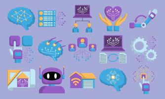 Artificial Intelligence and Robotics Icon Set in Flat vector