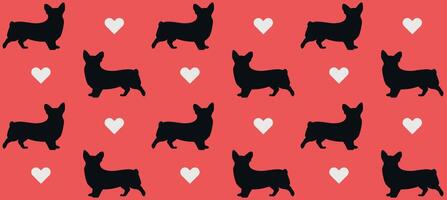 Corgi with hearts seamless pattern on red background. vector