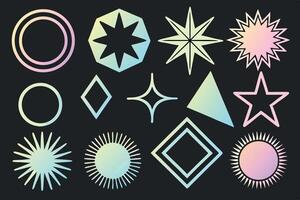 Geometric shapes and stars in pastel gradient colors on a black background vector