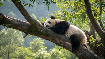 A panda bear is resting on a tree branch photo