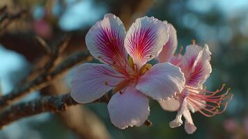 Sharp close up of flower glowing in soft sunlight photo
