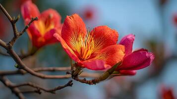 Close focus on flower textures with colorful tree branch behind photo