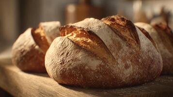 Artisan bread glowing with life on wood surface photo