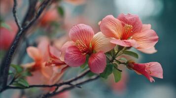 Radiant flower in macro focus on tree branch with color photo