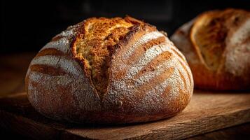 Artisan bread loaf placed naturally on kitchen table photo