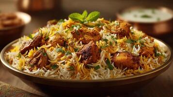 Biryani served on plate with tender chicken and rice photo