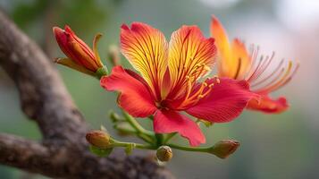 Lush macro photo of flower on spring branch with bokeh
