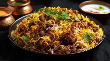 Chicken biryani plated with basmati rice and red chili garnish photo