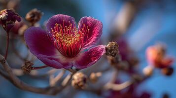 Realistic flower close up on tree with warm sunlight photo