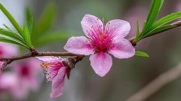Flower photo on tree branch with vivid petals and textures