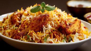 Chicken biryani with golden rice and green chili garnish photo