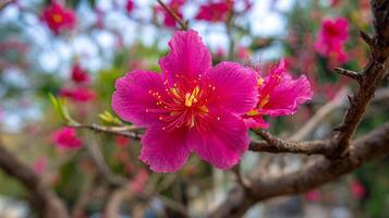 Natural flower on tree branch glowing in soft bokeh photo