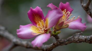 Ultra detailed macro of flower on branch with bokeh photo