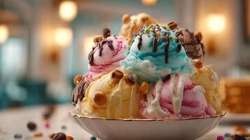 Photorealistic close up of ice cream with colorful toppings photo