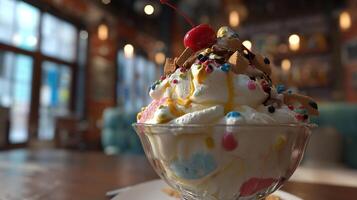 Close up image of ice cream with sprinkles and soft shadows photo