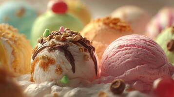 Creamy ice cream scoop with chocolate drizzle and fresh berries photo