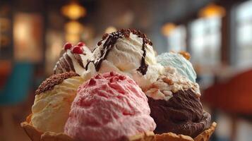 Natural light image of ice cream with nuts and fruit toppings photo