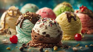 Natural light photo of ice cream with multi flavor and toppings