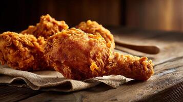 Sharp focus rustic chicken leg photography with wood grain photo