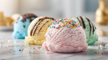 Close up shot of creamy ice cream with colorful toppings indoors photo