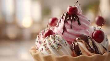 Close up photo of ice cream with colorful nuts and toppings