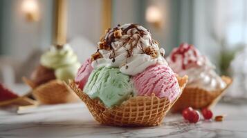 Photorealistic image of ice cream with multi flavor and fruit toppings photo