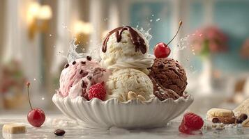 Natural light photo of multi flavor ice cream with fresh fruit toppings