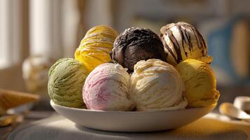 Natural light photo of multi flavor ice cream with nuts toppings