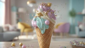 High resolution close up of ice cream with rich texture indoors photo