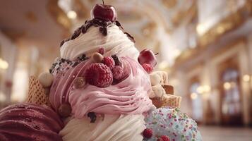 Natural lighting close up of ice cream with syrup and nut toppings photo
