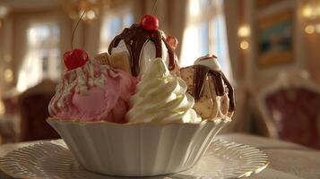 High resolution close up of ice cream with multi flavor creamy texture toppings photo