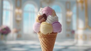 High resolution close up of ice cream with creamy texture and fresh toppings photo