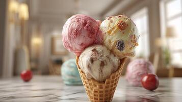Photorealistic image of ice cream with nuts chocolate fresh berries and syrup photo