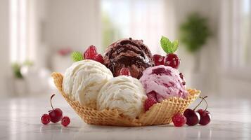 High resolution image of ice cream with fruit nuts and syrup toppings photo