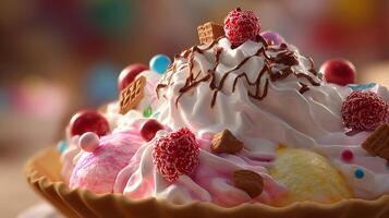 Realistic close up of ice cream with natural lighting colorful toppings and syrup photo