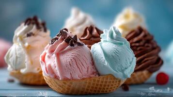 Indoor photo of multi flavor ice cream with nuts fresh fruit and syrup