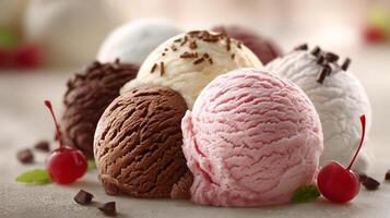 Close up photo of multi flavor ice cream with nuts berries and syrup